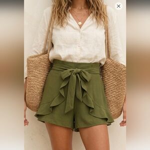 Jennifer Collection Olive Green Ruffle Wrap High Waist Tie Shorts Small